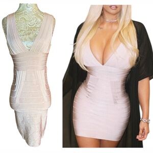 Sexy Stretch Beige Cream Heavy Bandage Mini Dress Plunge Neck Club Size Large